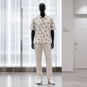 Axcess Liz Claiborne Men XL Leaf Print Linen Blend Button Down Camp Shirt Neutra